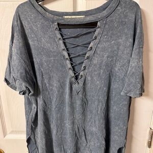 Free People Lace-Up Washed Gray Top